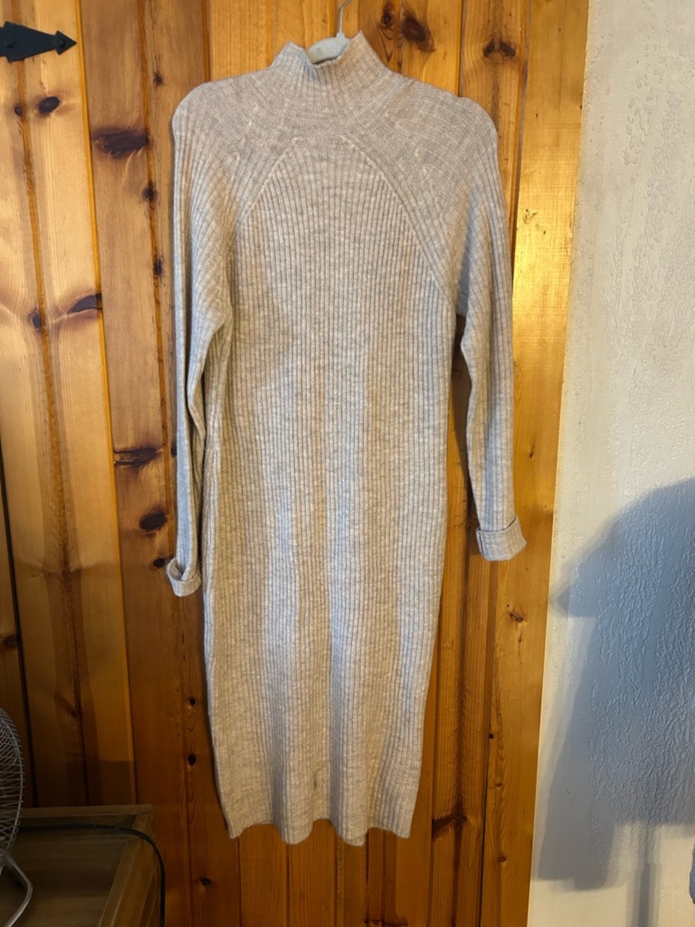 Ribbed Turtleneck Long-Sleeve Dress - Light Beige